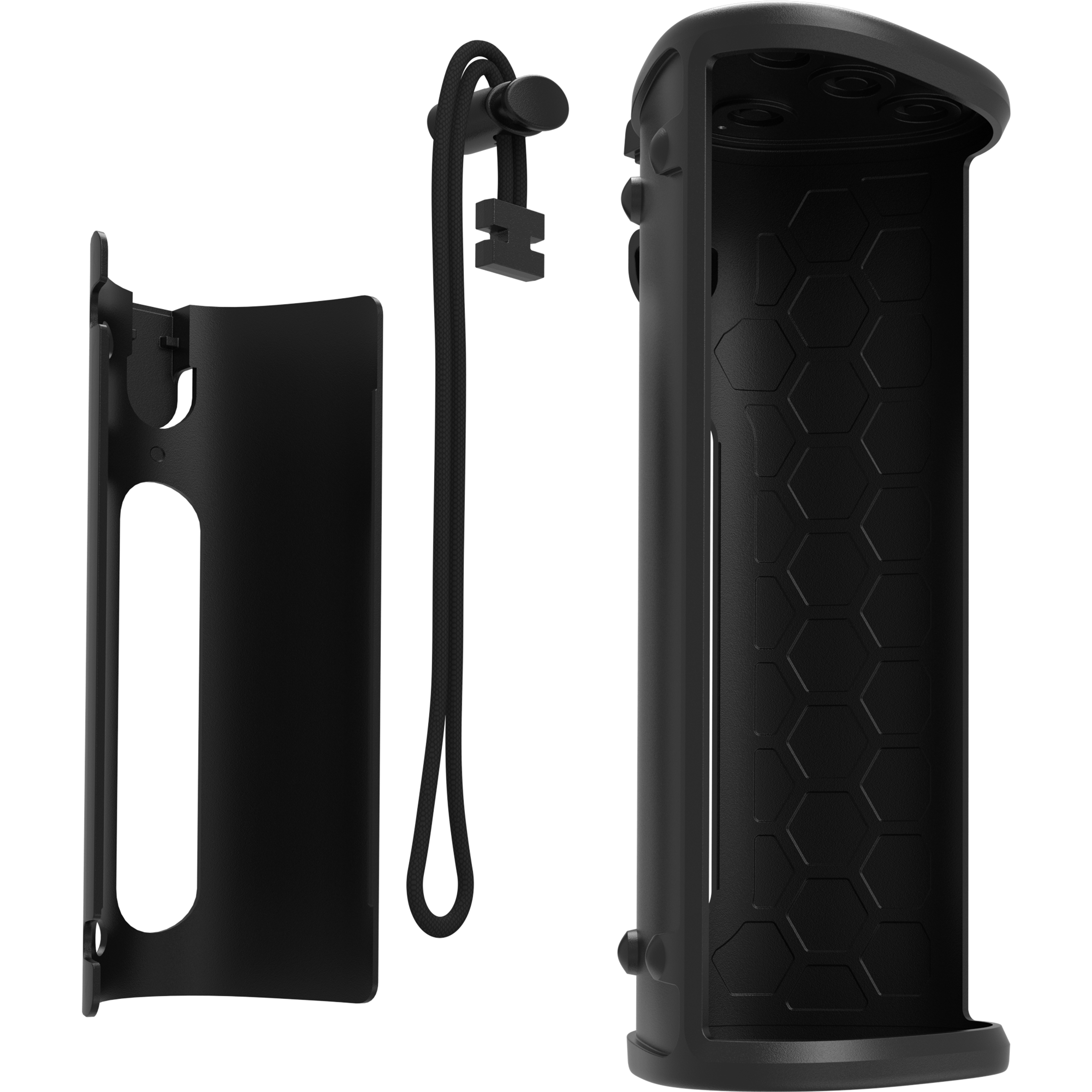 Afbeelding van een lege zwarte OtterBox-beschermhoes voor Sonos Roam, opgesplitst in losse delen
