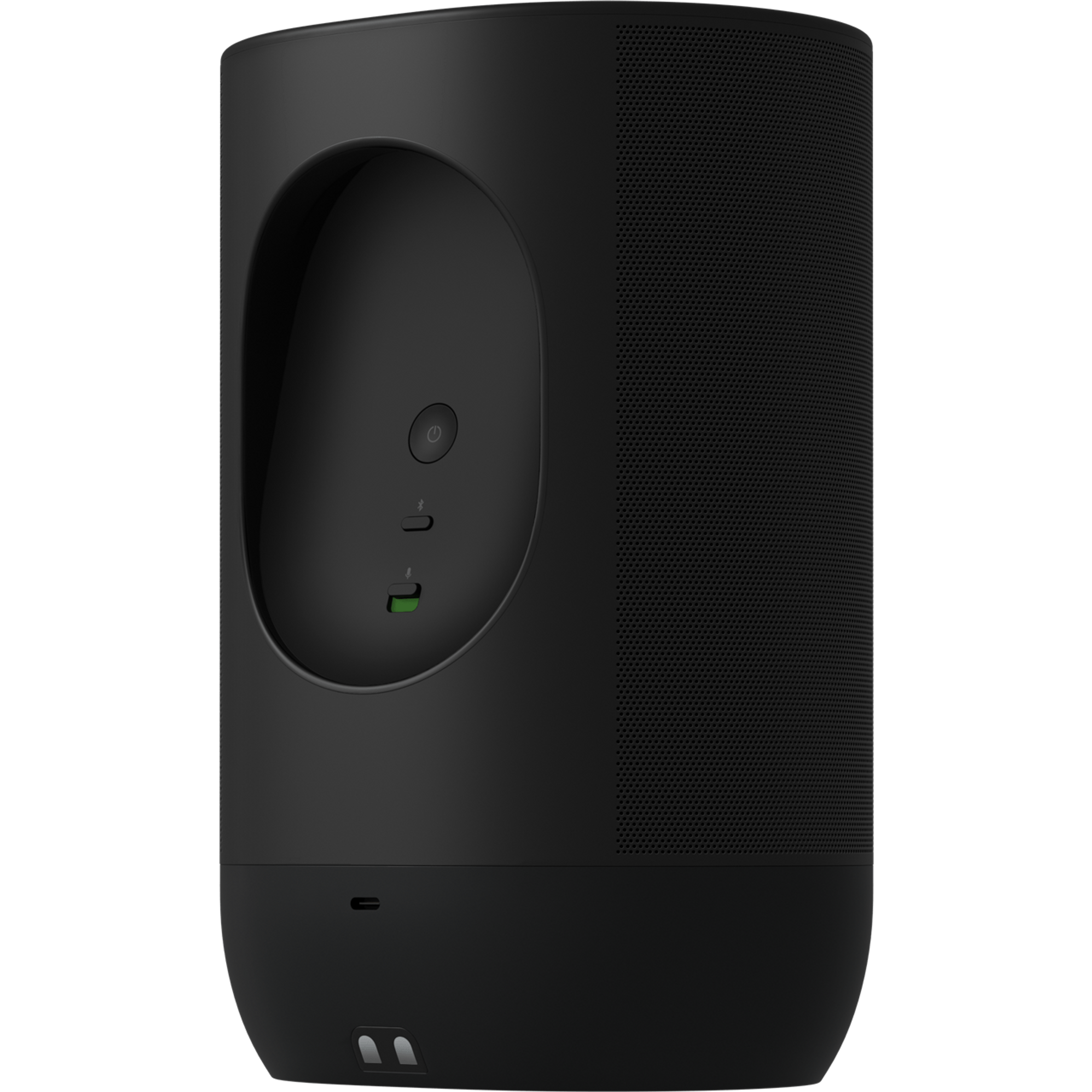 Image of the back of a black Sonos Move 2 turned slightly to the side