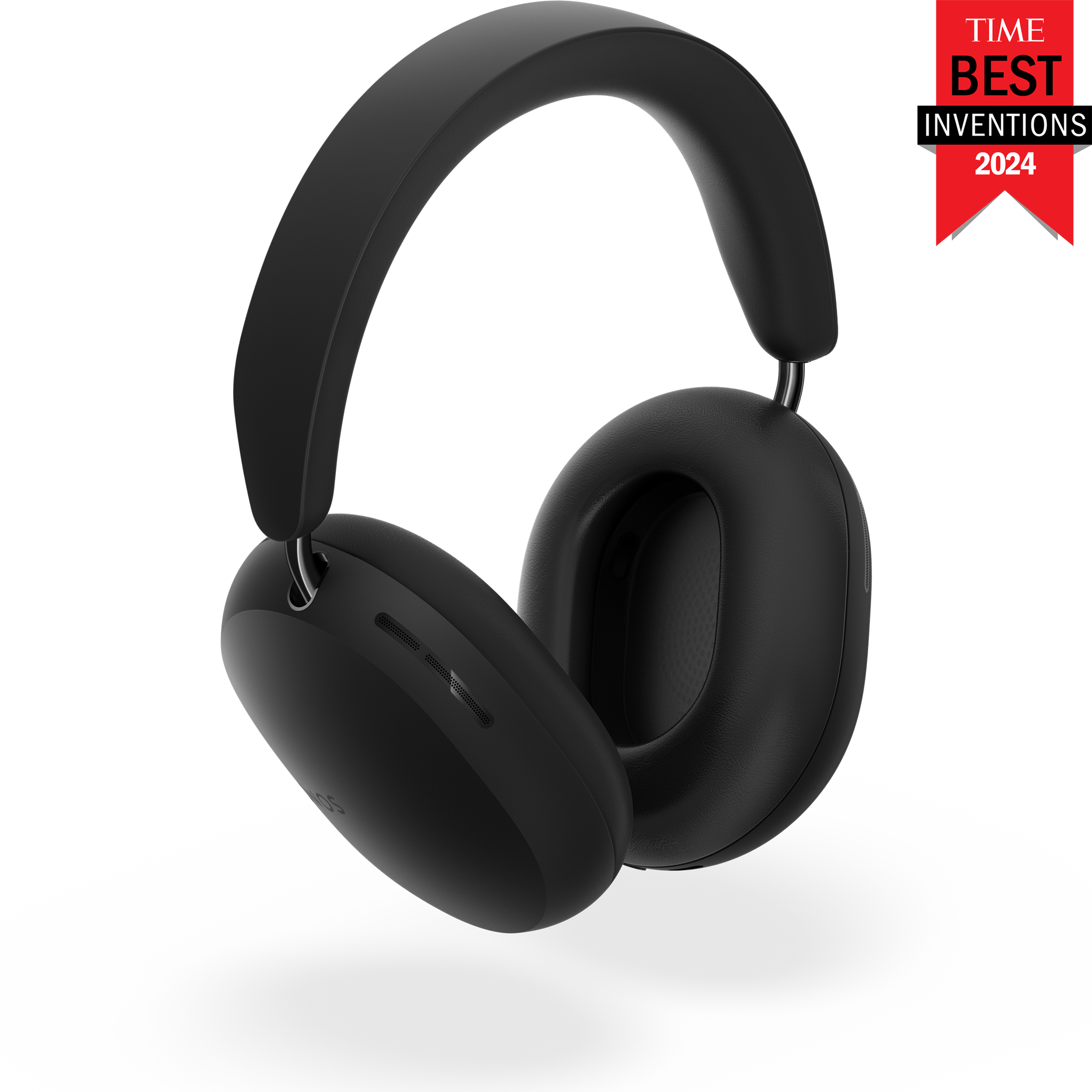 Sonos Ace headphones in black, floating over shadow, turned at slight angle