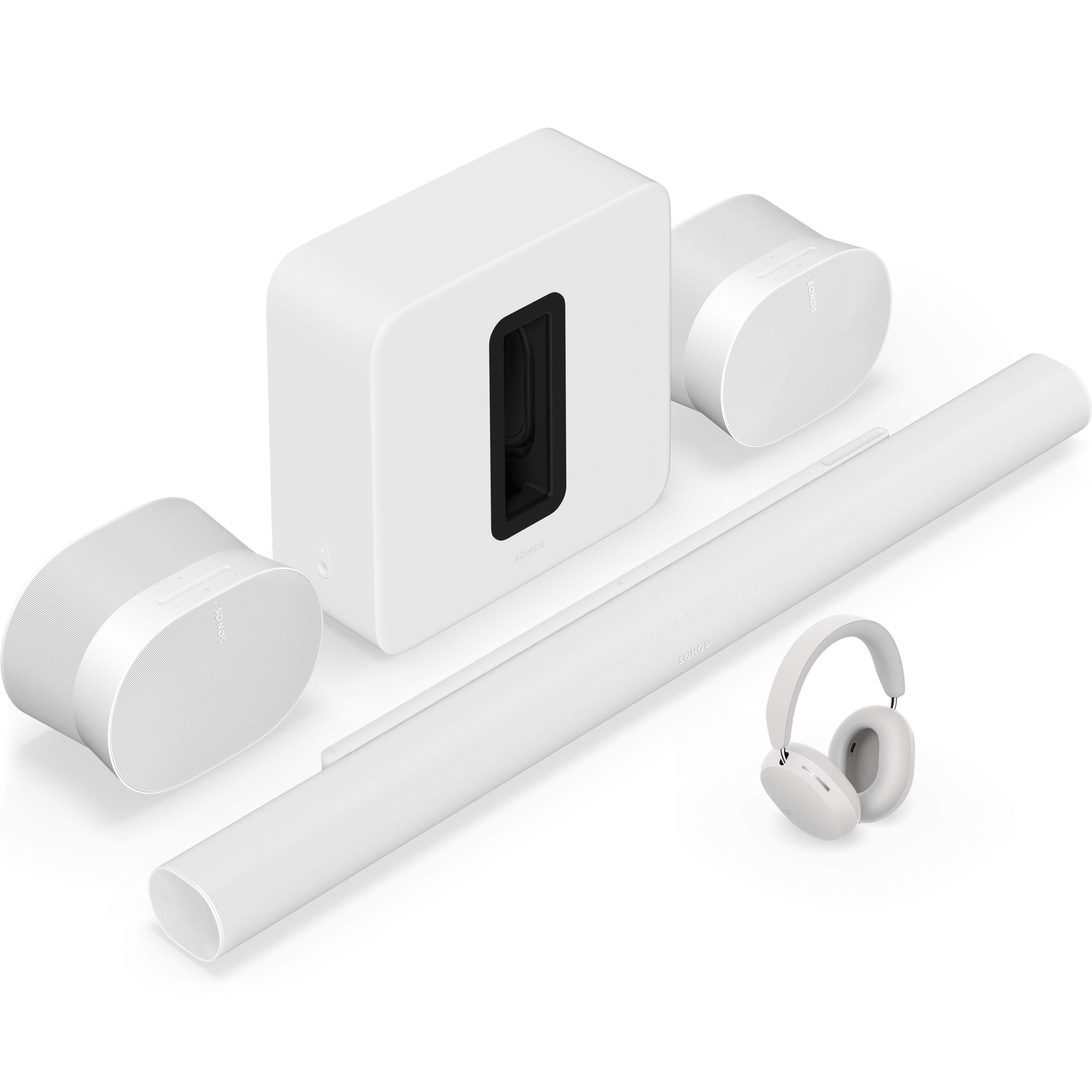 Set mit Arc Ultra, Sub 4, Sonos Ace und zwei Era 300 in Weiß